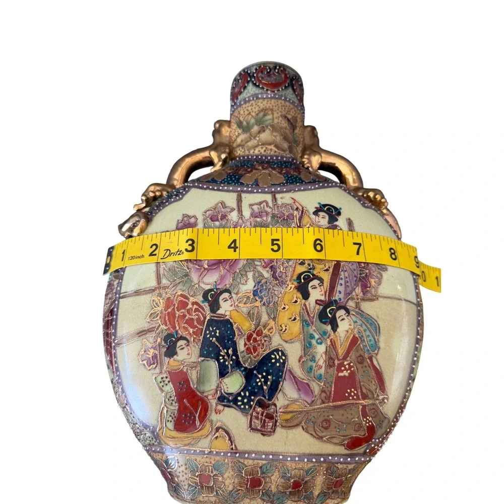 Royal Satsuma Hand Painted Moon Flask Vase‎ Gold Lizard Handles Geisha 10 inch